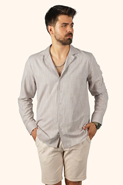 Etikmen Ανδρικό πουκάμισο Milk Coffee Linen Apaj Collar Relax Fit