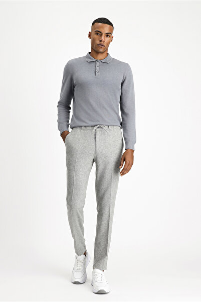 Kiğılı Slim Fit Dar Kesim Yünlü Beli Lastikli İpli Klasik Pantolon