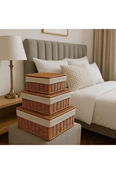 Arma House Σετ 3 πολυτελών καλαθιών με εφέ ρατάν - Λινό φόδρα, ψάθινο κουτί αποθήκευσης με κάλυμμα, διακοσμητικό οργανωτή