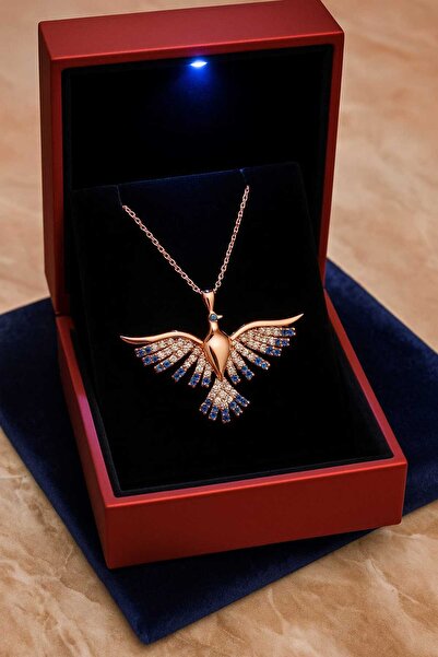 KAR DİAMOND 925 Ayar Gümüş Rose Kaplama Mavi Taşlı Anka Kuşu Kolye - Sertifik...