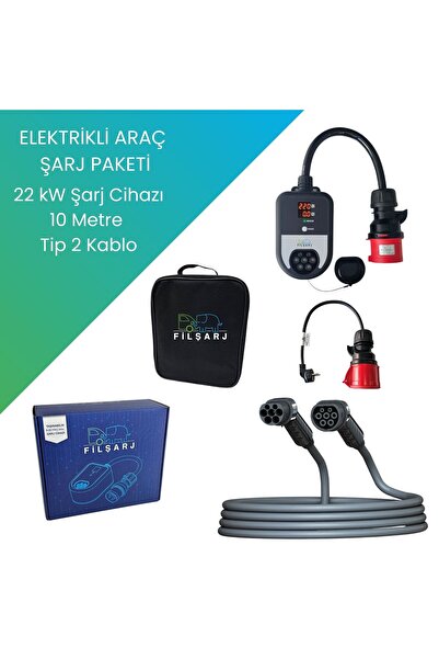 Elektrikli Araç Şarj Paketi Uyumlu  22 Kw Şarj Cihazı + 10 M Tip 2 Kablo