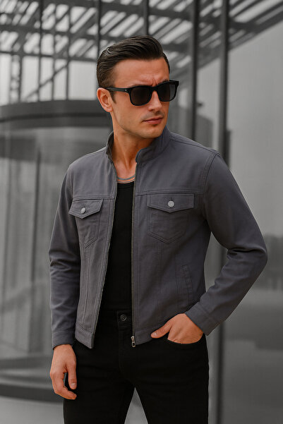 Pobudo Antrasit Renk Fermuarlı Erkek Kot Ceket