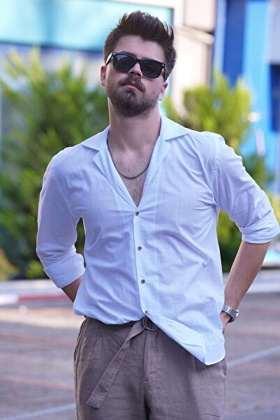 Etikmen Біла лляна сорочка з коміром-стійкою Oversize для чоловіків