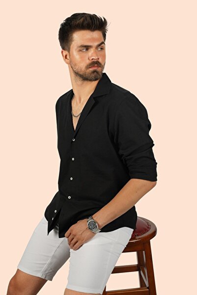 Etikmen Ανδρικό πουκάμισο μαύρο λινό Apaj Collar Relax Fit