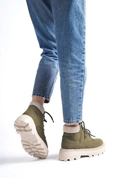 İA İLERİADIM Haki Süet Bağcıklı Yüksek Taban Kadın Bot