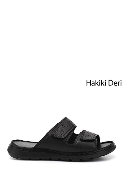 GÖNDERİ(R) Ανδρικές μαύρες διπλές παντόφλες Comfort από γνήσιο δέρμα Velcro