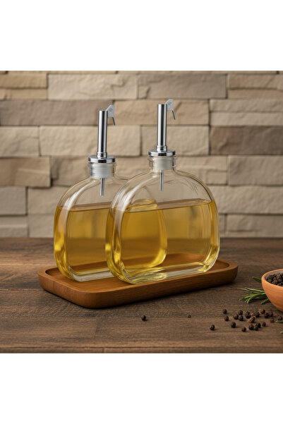 Dia Oval Cam 500ml Yağdanlık & Sirkelik Sosluk 2'li Ahşap Stantlı Set Kararma...