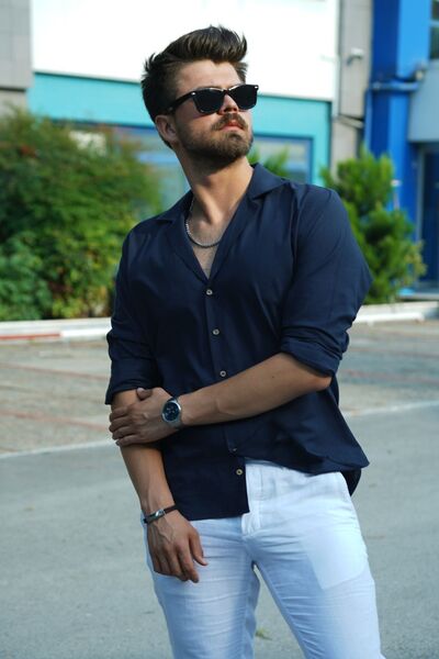 Etikmen Синя лляна сорочка з коміром-стійкою Oversize для чоловіків