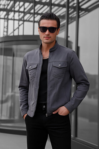 Pobudo Antrasit Renk Fermuarlı Erkek Kot Ceket