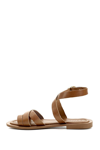 GÖNDERİ(R) Women's Tan Flip-Flop Ankle-Strap Genuine Leather Sandals