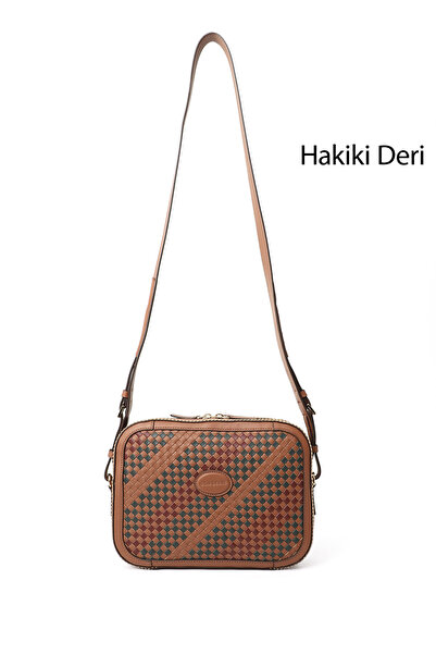 GÖNDERİ(R) Women / Girls Tabaya Burgundy Khaki Genuine Leather Straw Knitted Long Strap Shoulder Bag