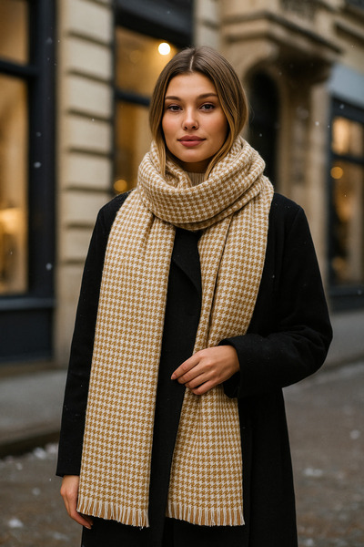 Luminos Butik Women's Mink Houndstooth Patterned Scarf - Shawl 70x180 Cm Sal1220