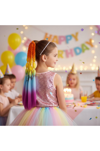 Mina Peruk Doğum Günü Kız Rengarenk Saç Balon ve Düz Salaş Örgülü Lastikli At...