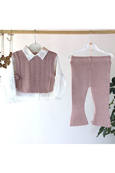 genybaby Stylish Baby Girl Knitwear Set – White Shirt, Knitted Sweater and Pants