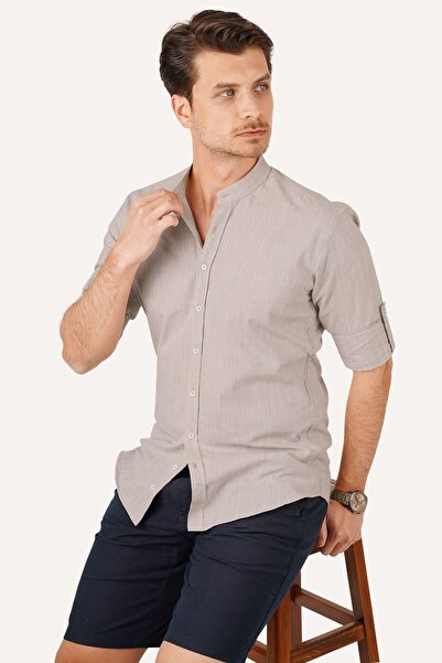 Etikmen Bézs Slimfit vászon férfi ing - magas gallérral, díszdobozban