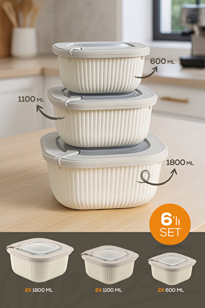 Vienev Beige 6-Piece Vip Lid Special Storage Set Suitable for Microwave and Freeze - 600-1100-1800 ml