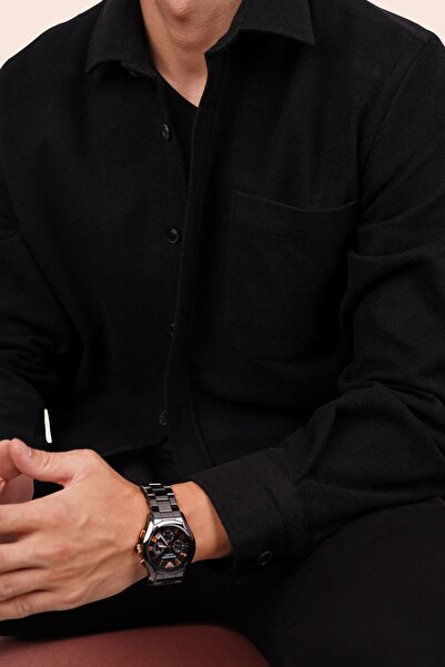 Etikmen Ανδρικό πουκάμισο ξυλοκόπο - Μαύρο απλό Oversize με κουτί δώρου