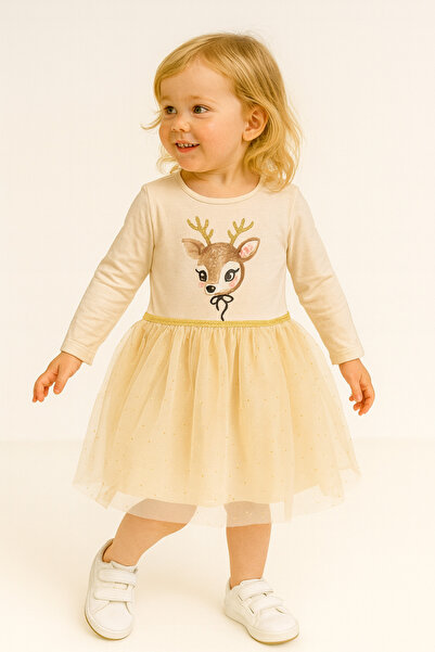 Motebarn Wear Devojčica, tutu haljina sa dugim rukavima i šljokicama, krem boje