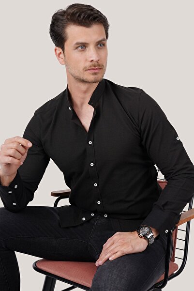 Etikmen Richter Collar Slimfit Linen Men's Shirt - Black with Gift Box