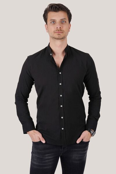 Etikmen Richter Collar Slimfit Linen Men's Shirt - Black with Gift Box