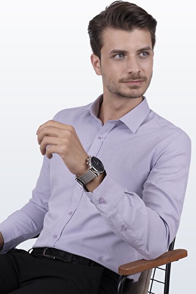 Etikmen Ανδρικό πουκάμισο Slimfit με μοτίβο λιλά Dobby με συσκευασία δώρου