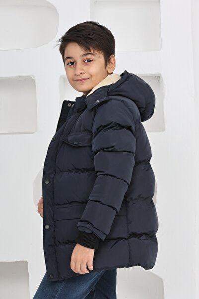 TheJOJODesign Erkek Çocuk Kışlık Polar Astarlı Kalın Elyaf Dolgulu Su Geçirmez Kapüşonlu Mont Kaban