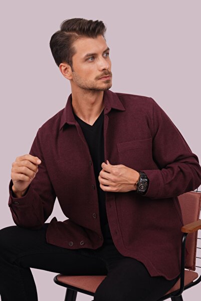 Etikmen Burgundy Lumberjack Style Men's Shirt - Straight Cut, Oversize Cut with Gift Box