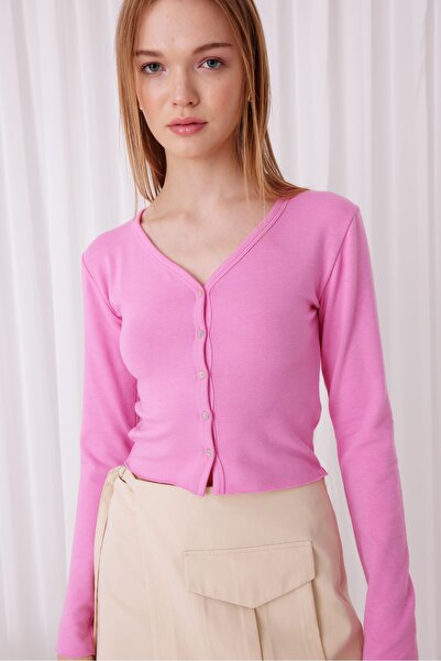 TUBİA Kadın Düğmeli V Yaka Pembe Crop Hırka