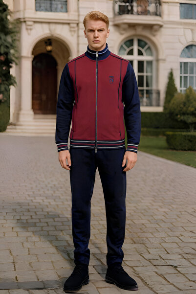 BESSA Ανδρικό σετ αθλητικής φόρμας με ψηλό γιακά μπορντό, ύφασμα με 2 κλωστές, τσέπη με φερμουάρ, ίσιο πόδι