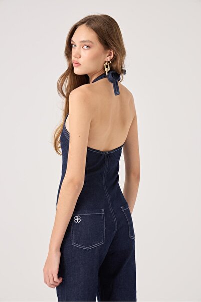 HOLLY LOLLY Halter Neck Valera Jean Jumpsuit Blue