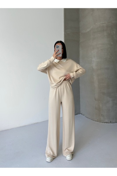 moda paketi Women's Wide Leg Pants & White Knitwear Collar Detailed Sweatshirt Set-Soft Textured Modal Fabric