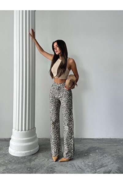 mydukkan.co Leopard Print Cut-Out Palazzo Jeans