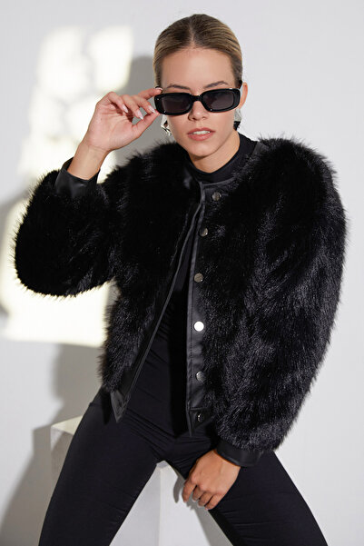 Fulla Moda Δερμάτινο μπουφάν με λεπτομέρειες από ψεύτικη γούνα με κουμπιά