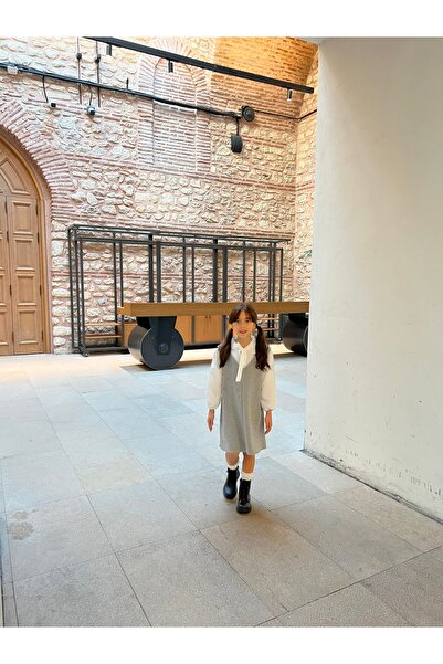 KÜÇÜĞÜM BUTİK Gray Stamp Girl's Winter V-Neck Gilet Dress