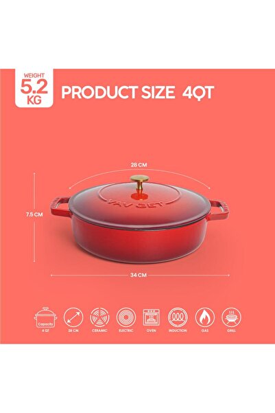 VAV GET Enameled Cast Iron Dutch Oven Braiser. 28cm, 3.79L, Cherry Red