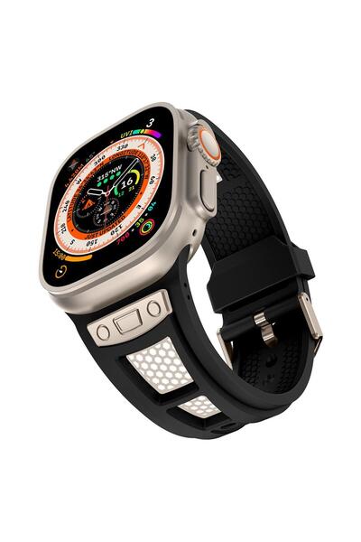 AktarMobile Apple Watch Ultra / Ultra 2 49 mm uyumlu Silikon Kordon Metal Det...