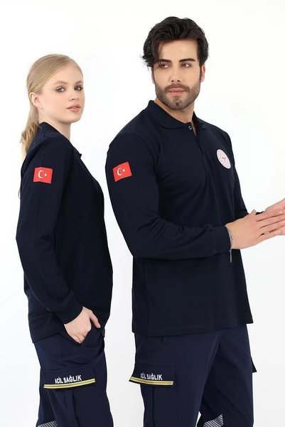 Bilenn Tekstil Acil Sağlık Yakalı Unisex Tshirt Uzun Kol Nakışlı - Lacivert