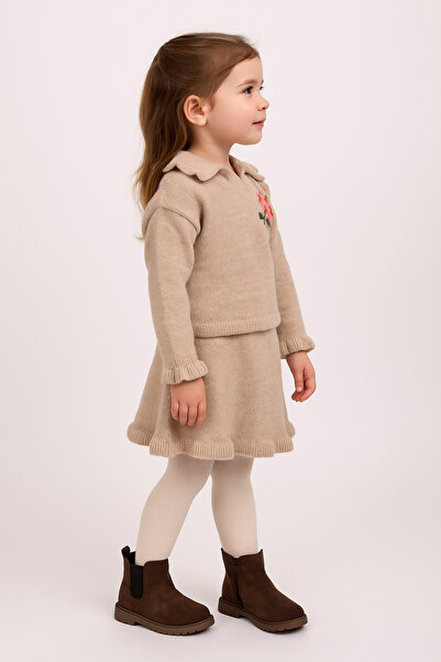 Minora Stylish Knitwear Ruffle Detailed Shirt Collar Embroidered 2-Piece Set Beige