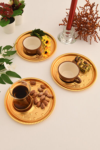 AKSESUAR EVRENİ Taval Yuvarlak Desenli Çay Ve Kahve Keyif Sunum Tepsisi Gold 3 Lü Takım