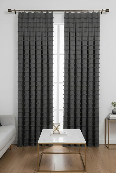 Madame Dower Wave Collection Dark Gray 2-Piece Background Curtain Most Frequently Pleated 1X3 – Special Textured, Ready-Made Background Curtain