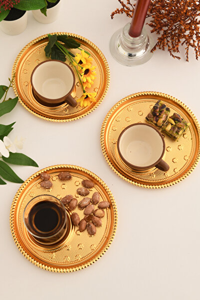 AKSESUAR EVRENİ Taval Yuvarlak Desenli Çay Ve Kahve Keyif Sunum Tepsisi Gold 3 Lü Takım