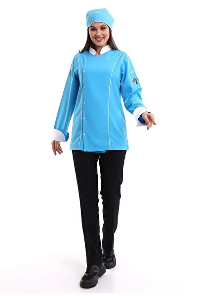 Bilenn Tekstil سترة الشيف والطهاة النسائية مع حواف بيضاء على الفيروز