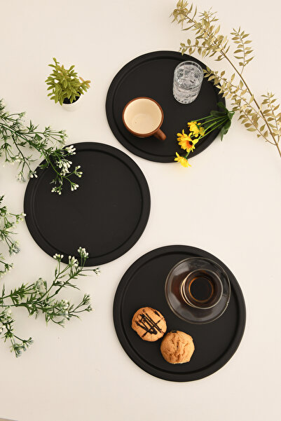 AKSESUAR EVRENİ Dario Yuvarlak Dekoratif Sunum Tepsisi Siyah 3 Lü Takım