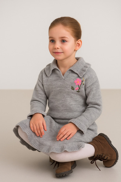 Minora Stylish Knitwear Ruffle Detailed Shirt Collar Embroidered 2-Piece Set Gray