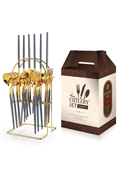Trendy's Portuguese cutlery set, stainless steel 24 pieces, with stand, TRENDY'S, gray-gold