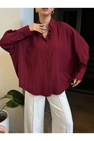 minaaise Bordo Oversize Geniş Manşetli Kadın Gömlek 27384