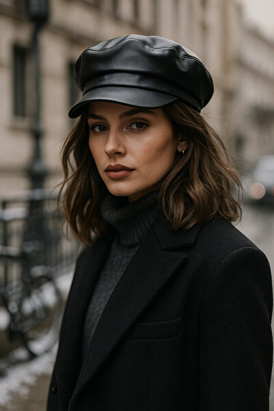 Luminos Butik Pălărie neagră din piele sintetică - cu viziere late și cusătur...