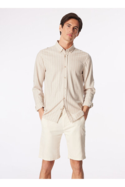Fabrika Bej Erkek Düğmeli Basic Çizgili Gömlek F4SM-GML 0925
