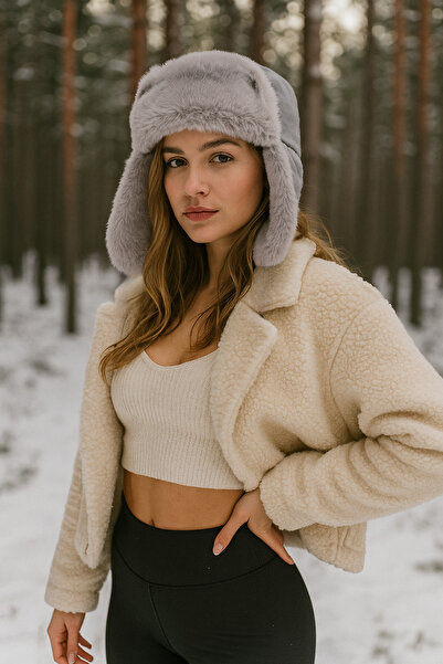 Luminos Butik Сіра плюшева шапка - з застібкою, м'яка тканина, тепла зимова шапка Bere1127