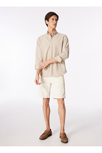 Fabrika Bej Erkek Düğmeli Relaxed Çizgili Gömlek F4SM-GML 0252